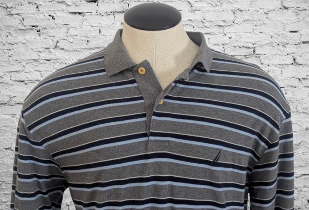Vintage NAUTICA 100% Cotton Striped Gray Long Sleeve Polo Shirt LARGE